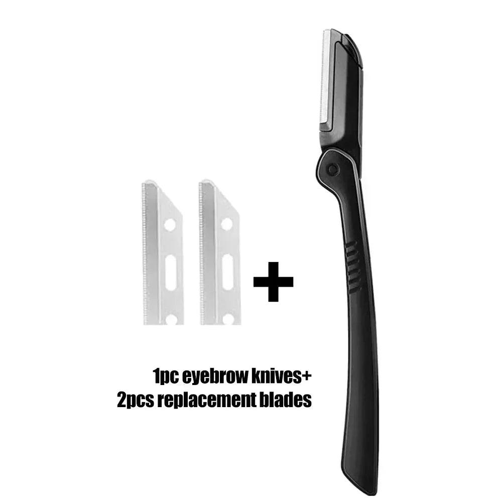 Eyebrow razor with one black handle and two replacement blade inserts