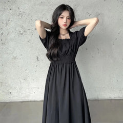 فستان نسائي صيفي من Faion بياقة مربعة من Sweet Retro Dr Tea Break First Love Long Bla Dr Waist Cinched
