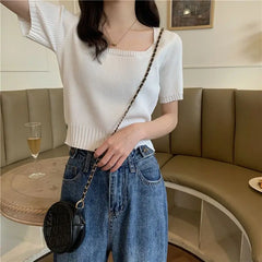 Slim Fit ort Sve Ice Silk Knitted irt Women's Faion Spring Summer Thin Sle Square Collar Princ Sve Top