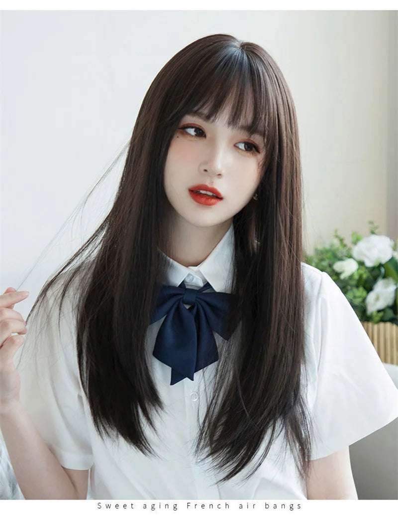Korea Hair Extensions Synthetic Cute JK Girl Cosplay Air Bangs Wig Breathable Head Cover 50cm Long Straight Wig Hat for Women