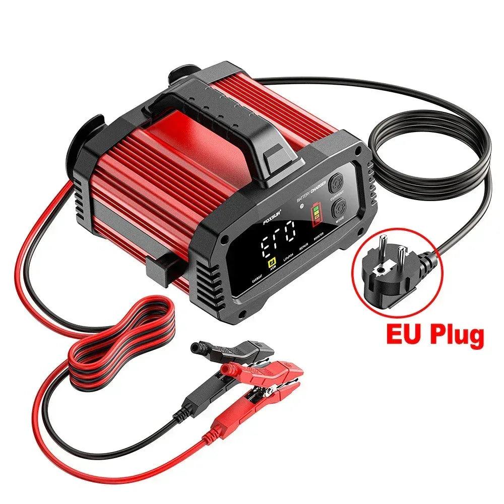 Battery charger set with EU plug and cables, plus red battery clamp leads