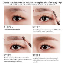 Eyebrow stencil instruction chart showing step-by-step application on eye area