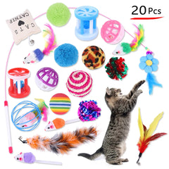 مجموعة ألعاب القطط المتنوعة من DualPet Kitten Toys، لعبة قطط مضحكة، عصا قطط من نبات السيزال، فأر، جرس، كرة، مستلزمات القطط، مجموعة من 20 قطعة