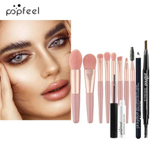 Eye makeup set with brush tips, eyebrow and eyeliner pencils, and mascara wand.