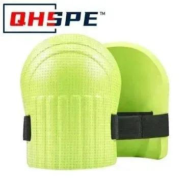 Green knee protection pad with curved shell and adjustable elastic strap