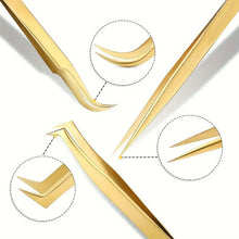 Close-up of golden lash tweezer tips for classic, volume, and isolation picking