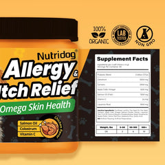 Dog Allergy&Itch Relief Supplements With Omega-3,Vitamin C&Probiotics，Support Skin&Immune Health, Supplement Nutrition,90 chews