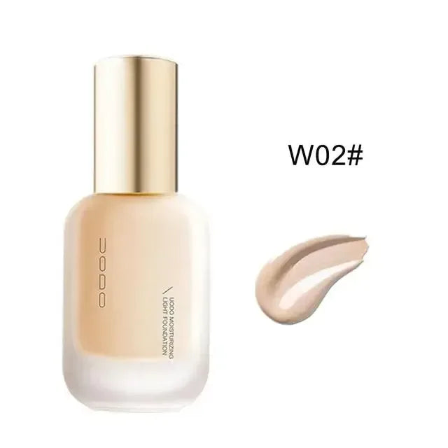 UODO liquid foundation bottle shade W02# with beige swatch on the right