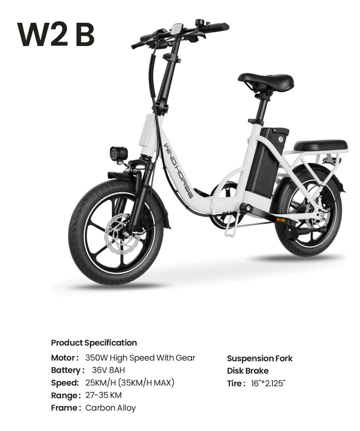 W2B Folding Electric Scooter with 350W High Speed Motor, 36V 8AH Battery, 40 KM/H Speed, 35 KM Range, Dual Disk Brakes, Carbon Alloy Frame, 16-Inch Tires, Front Suspension Fork, Portable Electric Scooter with Dual Seat