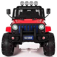 Red electric ride-on jeep front view with blue grille lights, round headlights, and roof light bar