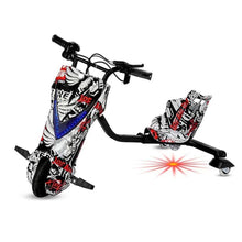 Black electric drift trike with red/white graphics, curved handlebars, blue light on frame