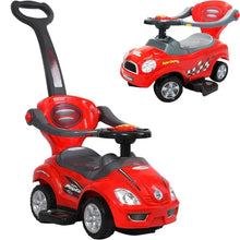 Red kids push ride-on car with handle, headlights, and front wheels