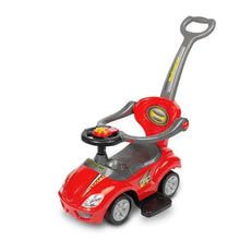 Red kids push ride-on car with steering wheel and safety handle