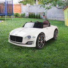 White kids electric ride-on car with brown seat and front grille