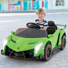 Green 2-seater ride-on electric car with black seats, steering wheel, and open-top