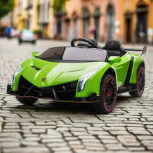 Green 2-seater ride-on electric car with black steering wheel and curved headlights