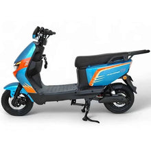 Electric scooter with black frame, blue front panel, orange graphics, and front headlight
