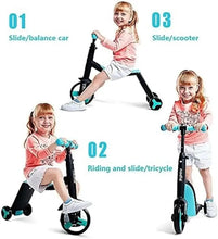 Convertible 3-in-1 kids tricycle showing slide, riding, and scooter configurations