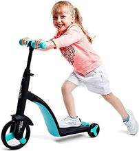 Kids convertible tricycle with black frame, turquoise handlebar grips, and seat