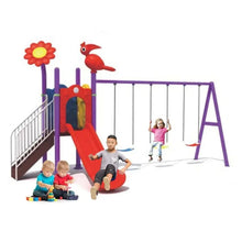 Kids outdoor playground with red slide, swing A-frames, and purple railing with flower decor