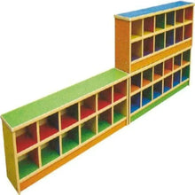 Wooden kids shelf with multicolor cubbies and open shelves, front corner view