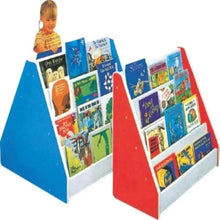 Kids wooden book shelf organizer, blue and red slanted sides with book slots