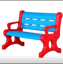 Plastic kids bench with blue slatted back and red base supports