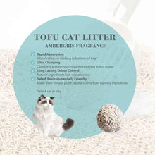 Tofu cat litter info card with cat and litter clump, ambergris fragrance