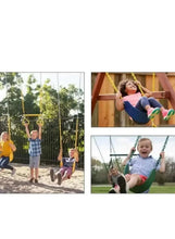 Kids swing seat with soft blue seat and green accents, suspended by chains