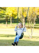 Kids swing seat with black soft seat, suspended by two chains