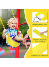 Kids swing seat with yellow soft seat and metal hook, suspended by a chain