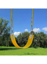 Yellow kids swing seat with two chains and metal connectors