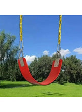 Red kids swing seat with two chains and metal connectors