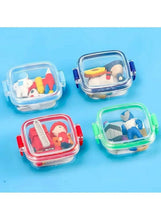 Four mini lunch box erasers with character figures in transparent cases