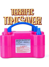 Electric balloon pump inflator, pink base with blue arch handle and dual nozzles