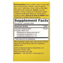 Back panel of kids probiotic chewables showing Supplement Facts and servings.