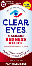 Redness relief eye drop box with blue eye logo and red text