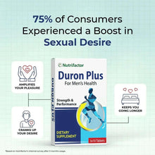 Duron Plus marketing panel with male silhouette, desire stats, and heart/pleasure icons