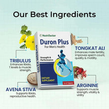 Duron Plus dietary supplement box for men's strength and performance