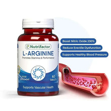 Nutrifactor L-Arginine bottle with label and red pill-filled blister tray