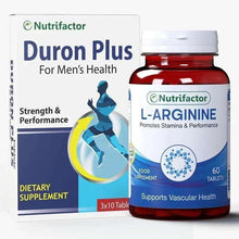 Duran Plus supplement box beside Nutrifactor L-Arginine bottle with 60 tablets label