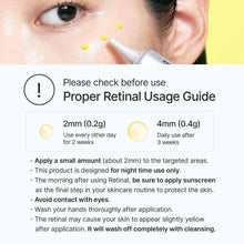 Retinal usage guide infographic with exclamation icon and 2mm/4mm application amounts