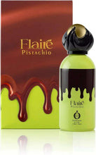 Pistachio perfume bottle with black cap and green glass, brown drips label
