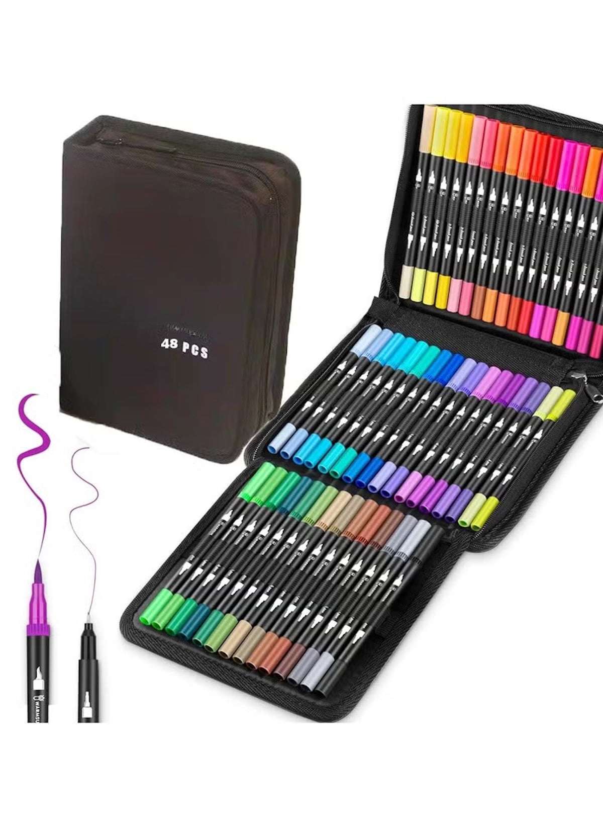 48 Pcs Dual Brush Pens Set with Zipper Case – For Drawing, Coloring & Lettering