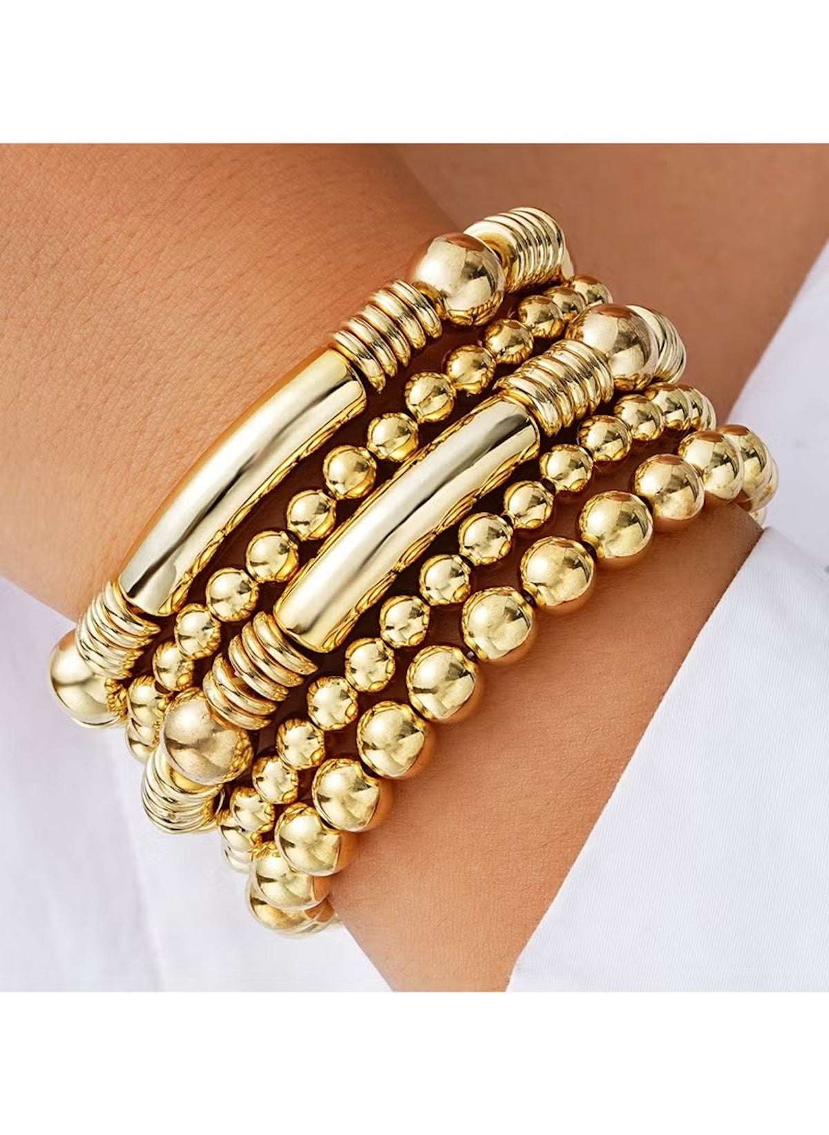 5-Piece Gold Colour Beaded Stretch Bracelet Set