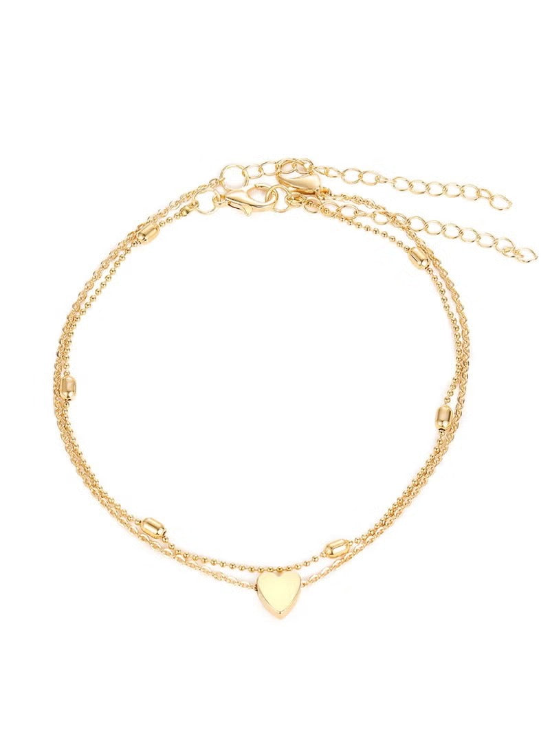 Elegant Double-Layer Love Heart Anklet – Gold-Tone Alloy Adjustable Ankle Bracelet