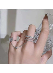 Butterfly Charm Double Ring with Chain – Elegant Alloy & Crystal Fashion Jewelry