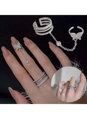 Butterfly Charm Double Ring with Chain – Elegant Alloy & Crystal Fashion Jewelry