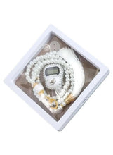 White pearl prayer beads with digital tally counter and gold charm accents