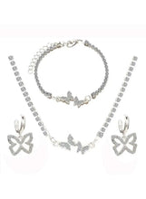 Silver-tone crystal butterfly jewelry set: necklace, bracelet, and drop earrings